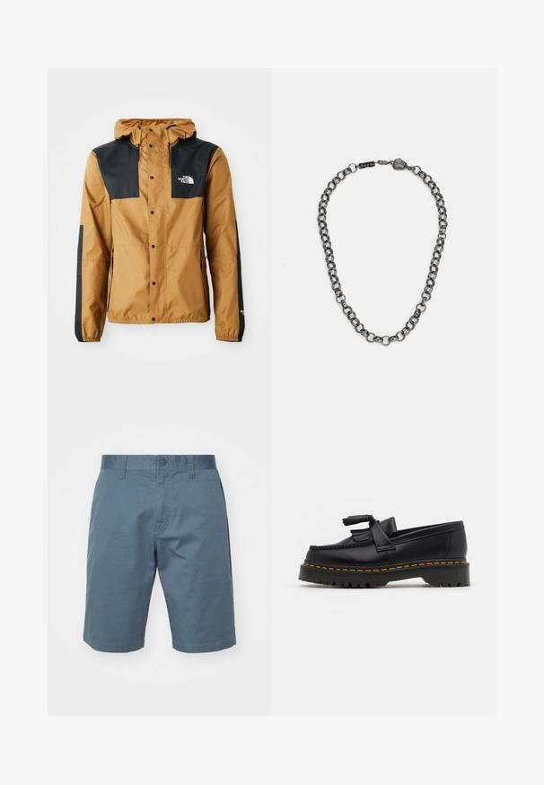 Water-resistant brown jacket with black shoulders, snap closure, adjustable hood, and logo on the left chest and sleeve.; Three white ribbed tank tops made of cotton. Features a crew neck and small black labels near the hem. Available in multiple sizes.; Blue cotton shorts featuring a button closure, belt loops, and side pockets. Smooth texture with a relaxed fit, reaching above the knee.; Black leather loafer with a tasseled accent, featuring a chunky black sole and yellow stitching along the edge. Textured finish.; Metal chain necklace with elongated links in a dark gunmetal color. Features a geometric accent and clasp with branding detail.