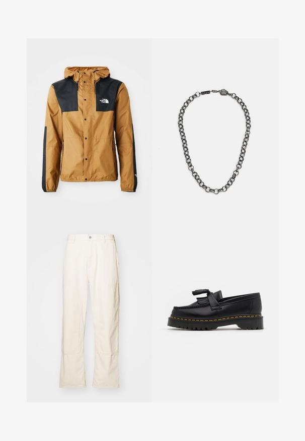 Vandafvisende brun jakke med sorte skuldre, trykknaplukning, justerbar hætte og logo på venstre bryst og ærme.; Tre hvide ribbede tanktops lavet af bomuld. Har en rund hals og små sorte mærker nær sømmen. Fås i flere størrelser.; Cremefarvede wide-leg bukser lavet af bomuld, med sidelommer, knaplukning og diskrete syninger.; Sort læderloafer med en frynsedetalje, der har en kraftig sort sål og gul syninger langs kanten. Teksturert overflade.; Metal kæde halskæde med forlængede led i en mørk gunmetal farve. Har en geometrisk accent og lås med brandingdetalje.