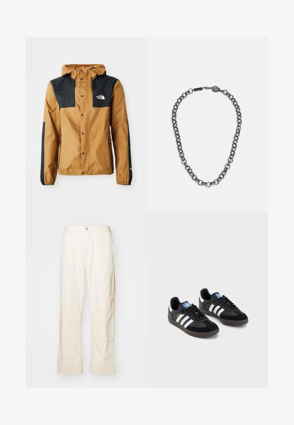 Vodootporna smeđa jakna s crnim ramenima, zatvaranje na kopčanje, podesiva kapuljača i logo na lijevoj strani prsnog koša i rukavu.; Tri bijele rebraste majice bez rukava od pamuka. Imaju okrugli izrez i male crne oznake blizu rubova. Dostupne su u više veličina.; Kremaste široke hlače od pamuka, s bočnim džepovima, kopčanjem na gumb i suptilnim šavnim detaljima.; Crne tenisice s gornjim dijelom od antilopa i sintetičkog materijala, s tri bijele pruge, teksturiranom gumenom potplatom i plavom oznakom na jeziku.; Metalna lančana ogrlica s izduženim karikama u tamnoj boji gunmeta. Ima geometrijski akcent i kopču s oznakom brenda.