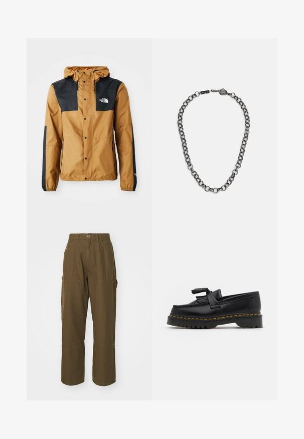 Vodootporna smeđa jakna s crnim ramenima, zatvaranje na kopčanje, podesiva kapuljača i logo na lijevoj strani prsnog koša i rukavu.; Tri bijele rebraste majice bez rukava od pamuka. Imaju okrugli izrez i male crne oznake blizu rubova. Dostupne su u više veličina.; Smeđa cargo hlače od čvrstog pamučnog materijala, s velikim bočnim džepovima, opuštenim krojem i ravnim nogavicama s vidljivim šavovima.; Crna kožna loaferica s resicama, koja ima čvrst crni potplat i žute šavove duž ruba. Teksturirana završna obrada.; Metalna lančana ogrlica s izduženim karikama u tamnoj boji gunmeta. Ima geometrijski akcent i kopču s oznakom brenda.