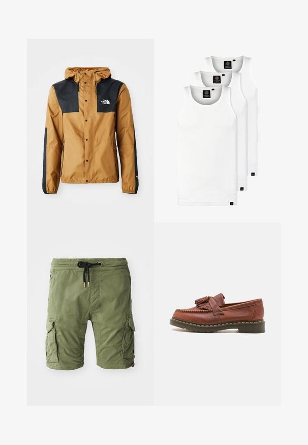 Vodoodporna rjava jakna z črnimi rameni, zaponkami, nastavljivo kapuco ter logotipom na levi strani prsnega koša in na rokavu.; Tri bele rebraste majice brez rokavov iz bombaža. Imajo okroglo izreza in majhne črne etikete blizu roba. Na voljo v več velikostih.; Olivno zeleni bombažni cargo šortsi z stranskimi žepi, pasom na vrvico z zlatim okovjem in mehkim, teksturiranim zaključkom.; Rjavi usnjeni mokasin s dodatki v obliki resic, teksturirana površina in kontrastne rumene šive ob črnem gumenem podplatu. Stranska perspektiva.