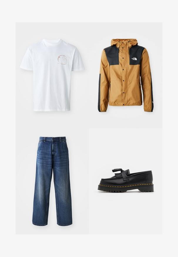 Water-resistant brown jacket with black shoulders, snap closure, adjustable hood, and logo on the left chest and sleeve.; White cotton t-shirt featuring a small brown spiral logo on the left chest, with short sleeves and a crew neck design.; High-waisted blue denim jeans with a wide-leg design, featuring subtle fading, front pockets, and a button closure at the waist.; Black leather loafer with a tasseled accent, featuring a chunky black sole and yellow stitching along the edge. Textured finish.