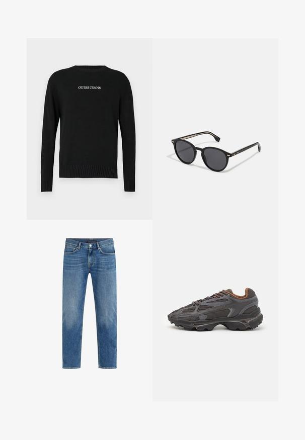 Juodas pūkuotas džemperis su užtrauktuku priekyje, kapišonu, siuvinėtu raštu ir elastinėmis rankogaliais. Priekyje yra mažas žalias Lacoste logotipas.; Juodas megztinis su ilgomis rankovėmis, raukšlėtu apvadu ir rankogaliais, priekyje b altu siuvinėjimu "GUESS JEANS". Minkštas mezginys.; Šviesiai mėlyni džinsai su tiesiu kirpimu, išblukusia spalva, penkiomis kišenėmis, kontrastinga siūle ir priekyje esančia sagų uždarymo sistema.; Lacoste sportbačiai tamsiai pilki, pagaminti iš tinklinės ir sintetinių medžiagų, su tekstūruotu padu ir rudomis detalėmis ant apykaklės bei prekės ženklo.; BOSS Akiniai nuo saulės - black