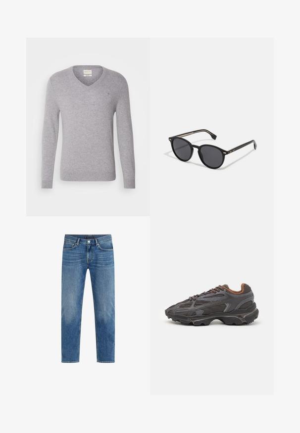 Fekete puffertarka dzseki cipzárral elöl, kapucnival, steppelt mintával és rugalmas mandzsettákkal. Az elején egy kis zöld Lacoste-logó található.; Szürke gyapjú V-nyakú pulóver hosszú ujjakkal, kicsi hímzett logóval a mellrészen, valamint bordázott mandzsettákkal és heméllyel.; Piros pamut póló rövid ujjakkal, kerek nyakkal, és egy kis logóval a bal mellen. Simább textúra és normál fazon.; Világoskék farmernadrág egyenes szárú dizájnnal, kopott mosással, öt zsebbel, kontrasztos varrással és elülső gombos záródással.; Sötét szürke Lacoste sportcipők hálós és szintetikus anyagból, textúrázott talppal és barna díszítésekkel a nyak részen és a logón.; BOSS Napszemüvegek - black