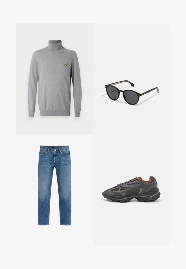 Schwarze Pufferjacke mit Reißverschluss vorne, Kapuze, gestepptem Muster und elastischen Bündchen. Verfügt über ein kleines grünes Lacoste-Logo auf der Brust.; Grauer Rollkragenpullover aus weichem Stoff, mit slim fit und einem kleinen gestickten gelben Logo auf der Brust.; Hellblaue Denim-Jeans mit geradem Bein, ausgewaschenem Look, fünf Taschen, kontrastierender Nähte und einem vorderen Knopfverschluss.; Lacoste Sneaker in Dunkelgrau aus Mesh und Synthetikmaterial, mit einer strukturierten Sohle und braunen Akzenten am Kragen und Logo.; BOSS Sonnenbrille - black