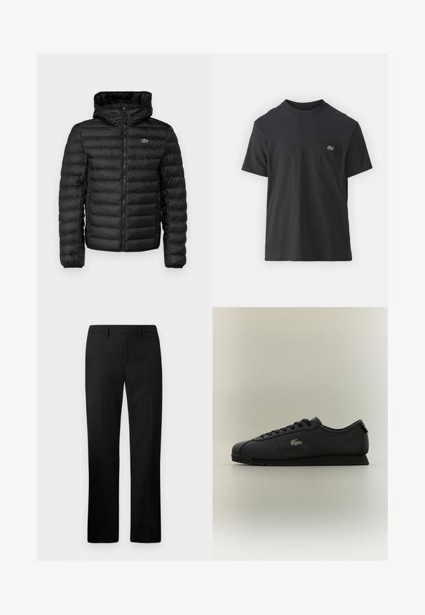 Svart pufferjacka med dragkedja framtill, huva, quiltat mönster och elastiska manschetter. Har en liten grön Lacoste-logga på bröstet.; Svart bomullströja med korta ärmar, rund halsringning och en liten grön logotyp på vänster bröstficka. Enkelt mönster, vanlig passform.; Svarta skräddarsydda byxor med rak ben-design, tillverkade av ett slätt tyg. Funktioner inkluderar en slät front och midjehöjd.; Svart låg sneakers med snörning framtill, texturerad sula och guld krokodil-logotyp på sidan.