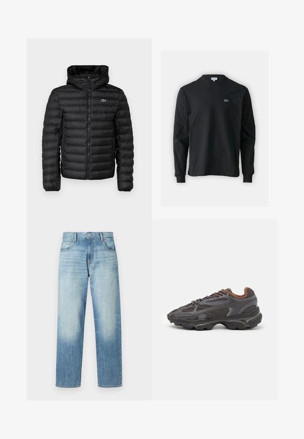 Black puffer jacket with a zip front, hood, quilted pattern, and elasticized cuffs. Features a small green Lacoste logo on the chest.; Black long-sleeve t-shirt made of cotton, featuring a round neckline and a small green embroidered crocodile logo on the left chest.; Light blue denim jeans with a straight leg, featuring subtle fading, five pockets, and a button closure. Mid-rise waist.; Lacoste sneakers in dark gray with mesh and synthetic material, featuring a textured sole and brown accents on the collar and branding.