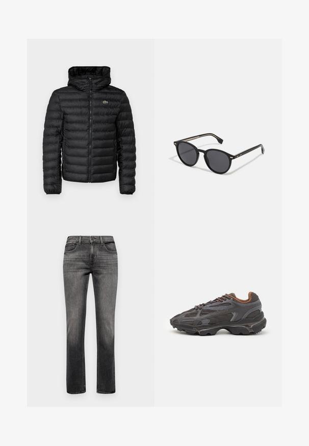 Schwarze Pufferjacke mit Reißverschluss vorne, Kapuze, gestepptem Muster und elastischen Bündchen. Verfügt über ein kleines grünes Lacoste-Logo auf der Brust.; Rotes Baumwoll-T-Shirt mit kurzen Ärmeln, Rundhalsausschnitt und kleinem Logo auf der linken Brust. Glatte Textur und reguläre Passform.; 7 for all mankind CHECK OFF - Jeans Slim Fit - grey; Lacoste Sneaker in Dunkelgrau aus Mesh und Synthetikmaterial, mit einer strukturierten Sohle und braunen Akzenten am Kragen und Logo.; BOSS Sonnenbrille - black