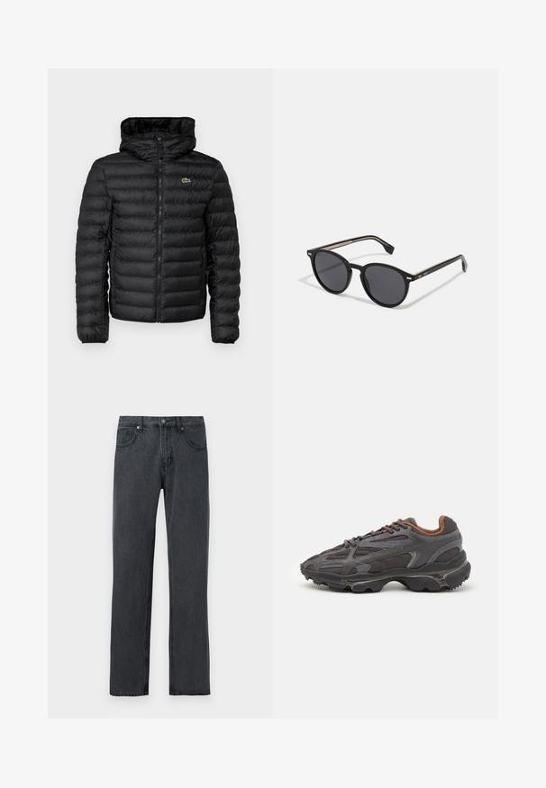 Melnā pūkainā jaka ar rāvējslēdzēju priekšā, kapuci, quilted rakstu un elastīgām piedurknēm. Krūtī ir neliels zaļš Lacoste logo.; Sarkans kokvilnas T-krekls ar īsām piedurknēm, apaļu kakla izgriezumu un mazu logo kreisajā krūšu pusē. Gluda tekstūra un regulāra piegriezne.; Tumši pelēki denim džinsi ar taisnu kāju piegriezumu, kas satur piecus kabatas, pogu aizdari un smalkas šuvju detaļas.; Lacoste kedas tumši pelēkā krāsā ar acu audumu un sintētisko materiālu, ar teksturētu zoli un brūniem akcentiem apkaklītē un zīmola uzrakstā.; BOSS Saulesbrilles - black