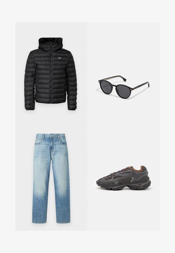 Zwarte pufferjack met een ritssluiting aan de voorkant, capuchon, een gewatteerd patroon en elastische manchetten. Heeft een klein groen Lacoste-logo op de borst.; Rode katoenen T-shirt met korte mouwen, ronde hals en een klein logo op de linkerborst. Gladde textuur en normale pasvorm.; Lichtblauwe denim jeans met een rechte pijp, voorzien van subtiele vervaging, vijf zakken en een knoopsluiting. Midden-high taille.; Lacoste sneakers in donkergrijs van mesh en synthetisch materiaal, met een gestructureerde zool en bruine accenten op de kraag en branding.; BOSS Zonnebril - black