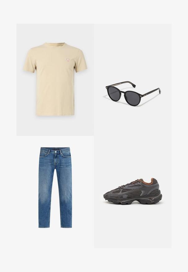 Black puffer jacket with a zip front, hood, quilted pattern, and elasticized cuffs. Features a small green Lacoste logo on the chest.; Beige cotton t-shirt with a crew neck, short sleeves, and a small red triangle logo on the left chest. Plain design, soft texture.; Light blue denim jeans with a straight leg design, faded wash, five-pocket styling, contrasting stitching, and a front button closure.; Lacoste sneakers in dark gray with mesh and synthetic material, featuring a textured sole and brown accents on the collar and branding.; BOSS Sunglasses - black