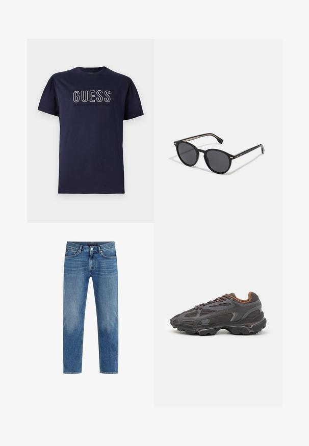 Mustapuffatakki, jossa on vetoketjuluukku, huppu, pehmeä vuori ja elastiset hihansuut. Rinnassa pieni vihreä Lacoste-logo.; Tummansininen puuvillapaita lyhyillä hihoilla, jossa on kohotettu "GUESS"-logo ja teksti "CLASSIC AMERICAN STYLE" valkoisella ja harmaalla. Yksinkertainen muotoilu.; Vaaleansiniset farkut, joissa on suora lahje, kulutettu pesu, viisi taskua, kontrastiväriset saumat ja etupainike suljenta.; Lacoste-tennar i mörkgrått med nät- och syntetmaterial, med en texturerad sula och bruna accenter på kragen och märket.; BOSS Aurinkolasit - black