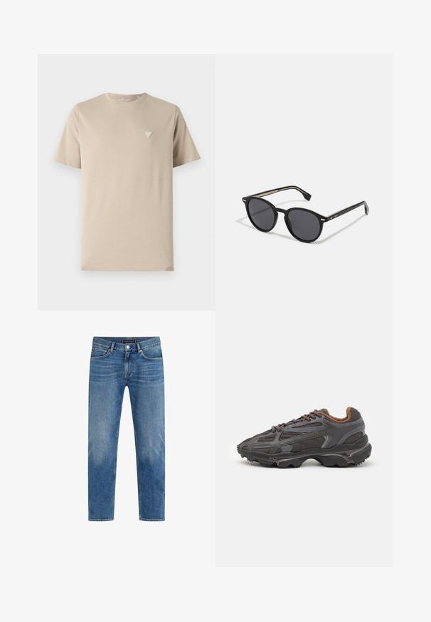 Black puffer jacket with a zip front, hood, quilted pattern, and elasticized cuffs. Features a small green Lacoste logo on the chest.; Beige cotton t-shirt with short sleeves, round neckline, and a small triangular logo embroidered on the left chest. Smooth texture.; Light blue denim jeans with a straight leg design, faded wash, five-pocket styling, contrasting stitching, and a front button closure.; Lacoste sneakers in dark gray with mesh and synthetic material, featuring a textured sole and brown accents on the collar and branding.; BOSS Sunglasses - black