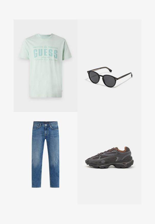 Fekete puffertarka dzseki cipzárral elöl, kapucnival, steppelt mintával és rugalmas mandzsettákkal. Az elején egy kis zöld Lacoste-logó található.; Halvány menta zöld pamut póló. Kerek nyakú, rövid ujjú, elöl grafikus felirattal: "GUESS AMERICAN TRADITION SINCE 1981."; Világoskék farmernadrág egyenes szárú dizájnnal, kopott mosással, öt zsebbel, kontrasztos varrással és elülső gombos záródással.; Sötét szürke Lacoste sportcipők hálós és szintetikus anyagból, textúrázott talppal és barna díszítésekkel a nyak részen és a logón.; BOSS Napszemüvegek - black