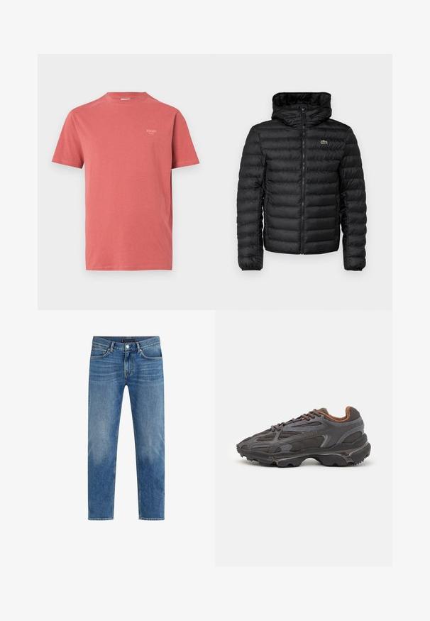 Black puffer jacket with a zip front, hood, quilted pattern, and elasticized cuffs. Features a small green Lacoste logo on the chest.; Red cotton t-shirt with short sleeves and a round neckline, featuring a small brand logo on the upper left chest. Smooth texture.; Light blue denim jeans with a straight leg design, faded wash, five-pocket styling, contrasting stitching, and a front button closure.; Lacoste sneakers in dark gray with mesh and synthetic material, featuring a textured sole and brown accents on the collar and branding.