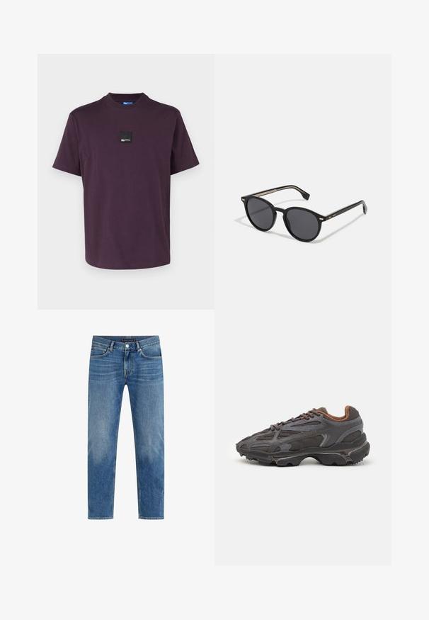 Geacă puf neagră cu fermoar în față, glugă, model matlasat și manșete elasticizate. Prezintă un mic logo verde Lacoste pe piept.; Karl Lagerfeld Jeans CURVED HEM - Tricou basic - plum perfect; Jeans din denim de culoare albastru deschis, cu un design drept, spălare închisă, stil cu cinci buzunare, cusături contrastante și închidere cu un nasture în față.; Adidași Lacoste de culoare gri închis, din material mesh și sintetic, cu o talpă texturată și accente maronii pe guler și branding.; BOSS Ochelari de soare - black