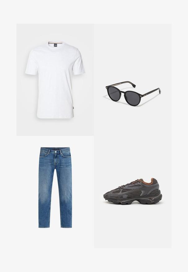 Fekete puffertarka dzseki cipzárral elöl, kapucnival, steppelt mintával és rugalmas mandzsettákkal. Az elején egy kis zöld Lacoste-logó található.; BOSS THOMPSON - Basic póló - natural; Világoskék farmernadrág egyenes szárú dizájnnal, kopott mosással, öt zsebbel, kontrasztos varrással és elülső gombos záródással.; Sötét szürke Lacoste sportcipők hálós és szintetikus anyagból, textúrázott talppal és barna díszítésekkel a nyak részen és a logón.; BOSS Napszemüvegek - black