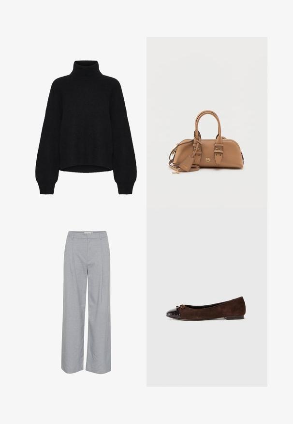 Black cropped jacket made of textured fabric, featuring a high collar, double-breasted design, and buckle accents on the sleeves.; Black turtleneck sweater with a cropped design, made from fluffy fabric. Features wide sleeves and a ribbed texture at the collar.; Light gray, wide-leg trousers with a smooth texture, featuring front pleats and a flat waistband. Minimalist design, no visible hardware.; Brown suede ballet flats with a glossy dark brown patent leather toe cap and a small bow accent on the front. Flat heel.; Tan leather handbag with a rounded shape, gold hardware accents, dual top handles, and a detachable shoulder strap. Features a logo detail.; Tortoiseshell hair claw clip made of plastic, featuring a wavy design with multiple gripping prongs and a rounded top.