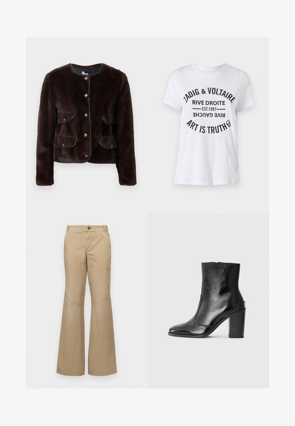 Brun fuskpälsjacka med rund halsringning, fem guldknappar och två framfickor med läderdetaljer. Mjuk, strukturerad tyg.; Vit bomullströja med fet svart text som visar varumärkesnamn, plats, etableringsdatum och slogan i ett cirkulärt mönster. Rund halsringning.; Beiga vida byxor med knappstängning, fram- och sidofickor samt sömdetaljer, tillverkade av ett lätt, texturerat tyg.; Svart läderankelboot med en slät yta, spetsig tå och en kraftig hög klack. Har en sidöppning och ett minimalistiskt design.