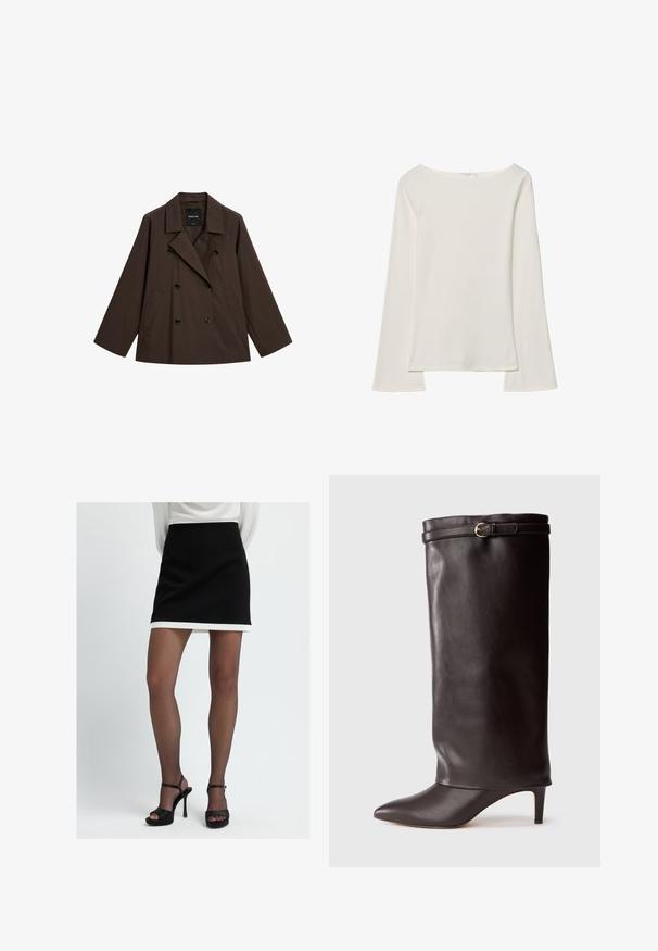 Brun dobbeltradet jakke med brede revers og to forlommer. Lavet af glat stof med sorte knapper. Løs, oversized silhuet.; Hvid langærmet top med bådudskæring. Lavet af blødt materiale, harflammende ærmer og en lige kant, hvilket giver et enkelt og alsidigt design.; Sort mini-nederdel med en hvid kant, lavet af glat stof. Parret med sorte platform sandaler, der viser et minimalistisk design.; Sort læder knæ-høj støvle med spids tå og slank hæl. Har en fold-over top med en guldfarvet spændeaccents. Glat tekstur.