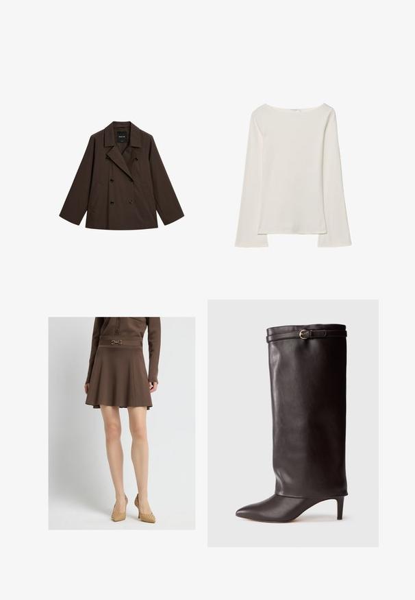Brun dobbeltradet jakke med brede revers og to forlommer. Lavet af glat stof med sorte knapper. Løs, oversized silhuet.; Hvid langærmet top med bådudskæring. Lavet af blødt materiale, harflammende ærmer og en lige kant, hvilket giver et enkelt og alsidigt design.; Brun flared nederdel med en tætsiddende talje i dekorativt metal. Teksturstof med en glat finish. Sammen med vævede spidse hæle.; Sort læder knæ-høj støvle med spids tå og slank hæl. Har en fold-over top med en guldfarvet spændeaccents. Glat tekstur.