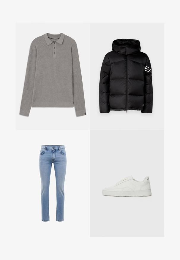 Giacca a vento nera con cappuccio, design trapuntato, zip frontale e grande logo sulla manica sinistra; texture liscia e imbottitura isolante.; Pullover grigio a costine con maniche lunghe, colletto e patta con bottoni. Presenta una finitura testurizzata e accenti a contrasto sui polsini.; Jeans in denim blu chiaro con vestibilità slim, cinque tasche e design a gamba dritta. Presenta un'apertura con zip e passanti per cintura. Texture morbida.; Sneaker in pelle bianca con una finitura liscia, punta rotonda, lacci piatti e suola testurizzata. Presenta un logo discreto sul tallone.