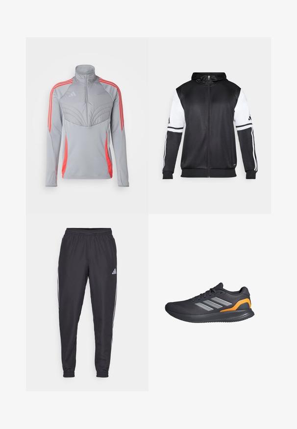 Sort zip-up hættetrøje med hvide ærmer og tre hvide striber langs armene. Lavet af et glat, letvægtsstof. Designet til hættetrøjen er inkluderet.; Grå atletisk jakke med høj krave, tekstureret brystpanel og orange striber langs skuldrene og siderne. Letvægtsmateriale.; Svarte sportbukser med elastisk talje, med hvide striber langs siderne og et lille logo ved hoften. Glat tekstur.; Mand løbesko i sort mesh med sølv accenter. Har en tekstureret sål, orange detalje på hælen og et traditionelt snørebåndsdesign.