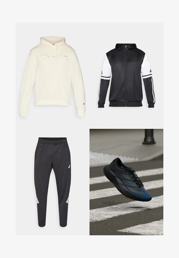 Felpa nera con zip, caratterizzata da maniche bianche e tre strisce bianche lungo le braccia. Realizzata in un tessuto liscio e leggero. Design della felpa incluso.; Felpa color crema con tasca a marsupio frontale, cappuccio con cordino e logo "Champion" ricamato in corsivo sul petto.; Pantaloni atletici neri con gambe affusolate, cintura elastica, tasche laterali e dettagli con logo bianco e strisce. Realizzati in materiale liscio e leggero.; Scarpa sportiva nera e blu con un design aerodinamico, presenta una tomaia testurizzata, strisce a contrasto e una suola ammortizzata, sospesa sopra l'asfalto.