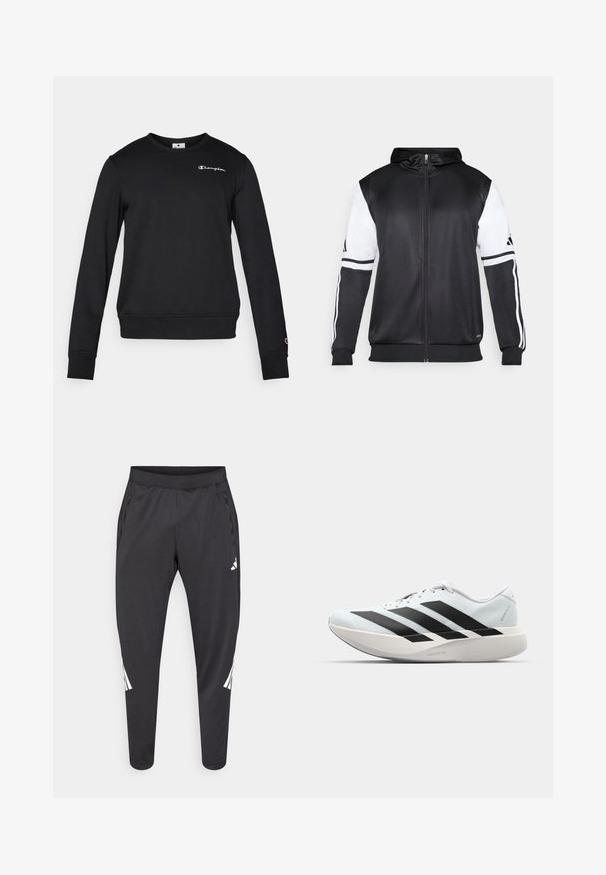 Sort zip-up hættetrøje med hvide ærmer og tre hvide striber langs armene. Lavet af et glat, letvægtsstof. Designet til hættetrøjen er inkluderet.; Sort sweatshirt lavet af et bomuldsblend, med lange ærmer, rund halsudskæring og et lille hvidt Champion-logo på brystet.; Sorte atletikbukser med smalle ben, elastisk taljebånd, sidelommer og hvide logoer samt stribedetaljer. Fremstillet af et glat, let materiale.; Letvægtige løbesko i lys blå med sorte striber. Har en glat overdel, rund tå og tyk hvid mellemsål mærket "LIGHTSTRIKE PRO."