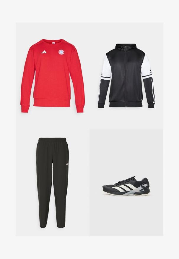 Black zip-up hoodie featuring white sleeves and three white stripes along the arms. Made from a smooth, lightweight fabric. Hoodie design included.; Red sweatshirt featuring Adidas three-stripe design, round neckline, ribbed cuffs, and FC Bayern München logo on the chest. Soft fabric texture.; Black athletic pants with an elastic waistband, slim fit, and white logo on the left leg. Smooth, lightweight fabric.; Black athletic shoe with white stripes, mesh upper, rounded toe, and cushioned sole. Features a textured heel and secure lacing system.