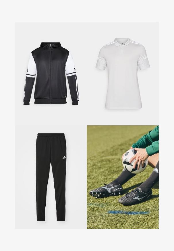 Juodas džinsinis užtrauktukas su baltais rankovėmis ir trimis baltais dryžiais ant rankų. Pagamintas iš lygaus, lengvo audinio. Džinsinio dizainas įtrauktas.; Baltos spalvos polo marškiniai, pagaminti iš tekstūruotos medžiagos, su klasikinio stiliaus apykakle, trimis mygtukais priekyje ir trimis baltomis juostelėmis ant pečių.; Juodos sportinės kelnės su elastinga juosmena, siaurėjančiu dizainu ir baltu Adidas logotipu kairiajame šlaunyje. Lygi, lengva medžiaga.; Juodi futbolo batai su pilkiais akcentais ir tekstūruotais paviršiais, ilsintys ant žalios dirbtinės žolės. Juodas ir baltas futbolo kamuolys, laikomas rankose.