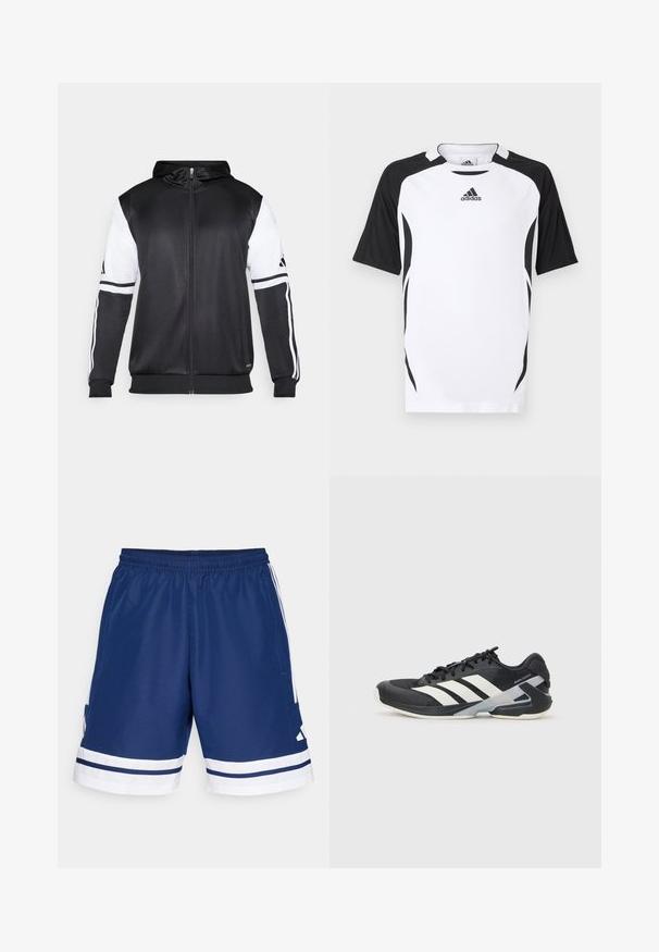 Čierna mikina s kapucňou na zips s bielymi rukávmi a tromi bielymi pruhmi pozdĺž rúk. Vyrobená z hladkej, ľahkej tkaniny. Design mikiny je zahrnutý.; Biele tričko Adidas s krátkym rukávom a čiernymi detailmi. Má okrúhly výstrih, vertikálnu textúru a bočné detaily pre atletický strih.; Námornícke športové šortky s elastickým pásom, bielymi akcentmi a bočnými vreckami. Obsahujú biele pruhy na leme. Polyesterový materiál.; Čierna športová obuv s bielymi pruhmi, sieťovinový zvršok, zaoblená špička a polstrovaná podrážka. Obsahuje štruktúrovaný opätok a bezpečný systém šnurovania.