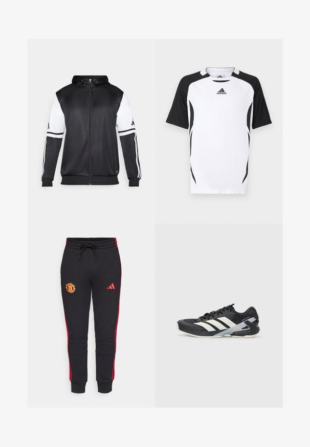 Svart hettegenser med glidelås som har hvite ermer og tre hvite striper langs armene. Laget av et glatt, lett stoff. Designet inkluderer hettegenseren.; T-skjorte med korte ermer fra Adidas i hvitt med svarte detaljer. Har rund hals, vertikal struktur og sidedetaljer for en atletisk passform.; Sorte svettebukser med røde sidestriper, med et brodert Manchester United-logo og et Adidas-logo på låret. Justerbart midjebånd.; Svart treningssko med hvite striper, mesh-overdel, avrundet tå og polstret såle. Har en teksturert hæl og et sikkert snøresystem.