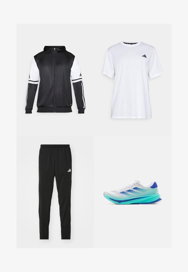 Black zip-up hoodie featuring white sleeves and three white stripes along the arms. Made from a smooth, lightweight fabric. Hoodie design included.; White athletic t-shirt with short sleeves, made from moisture-wicking fabric. Features a black logo on the left chest and a patterned interior neckline.; Black athletic pants with an elastic waistband, tapered design, and a white Adidas logo on the left thigh. Smooth, lightweight fabric.; adidas Performance SUPERNOVA RISE - Road running shoes - footwear white/lucid blue/flash aqua