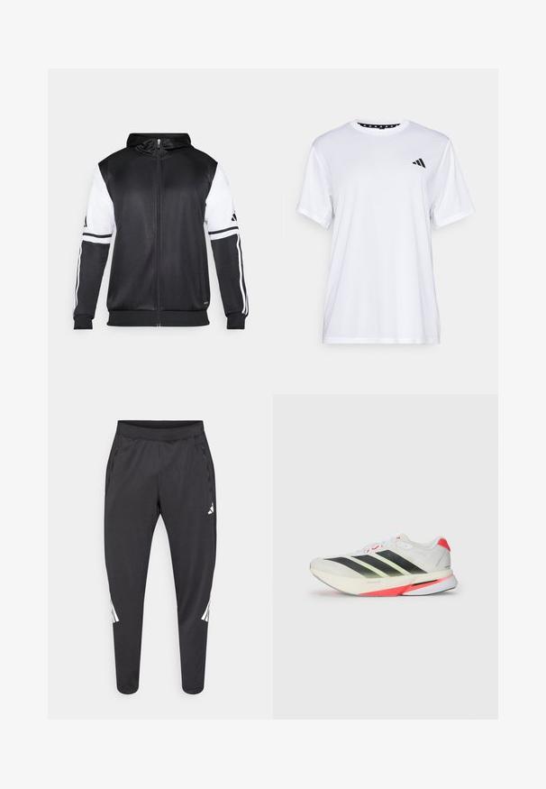 Sort zip-up hættetrøje med hvide ærmer og tre hvide striber langs armene. Lavet af et glat, letvægtsstof. Designet til hættetrøjen er inkluderet.; Hvid sports t-shirt med korte ærmer, lavet af fugttransporterende stof. Har et sort logo på venstre bryst og en mønstret indvendig halsudskæring.; Sorte atletikbukser med smalle ben, elastisk taljebånd, sidelommer og hvide logoer samt stribedetaljer. Fremstillet af et glat, let materiale.; Hvide athletic sko med sorte og neongrønne striber, strukturdesign på overdelen, røde accenter på hælen og en let ydersål.