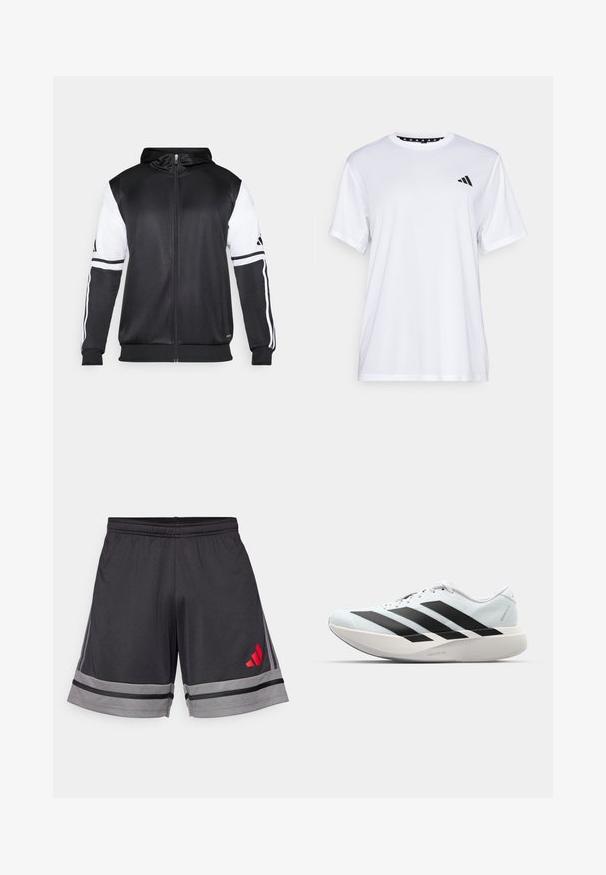 Hanorac negru cu fermoar, având mâneci albe și trei dungi albe pe brațe. Fabricat dintr-un material neted și ușor. Designul hanoracului este inclus.; Tricou sportiv alb cu mâneci scurte, fabricat dintr-un material care elimina umezeala. Are un logo negru pe pieptul stâng și o guler interiory cu un design patterned.; Shorts atletici negri dintr-un material ușor, având o dungi gri la tiv și un logo roșu pe coapsa stângă. Talie elastică.; Pantofi de alergare ușori în albastru deschis cu dungi negre. Au un superior neted, vârf rotund și o intermediară groasă albă etichetată "LIGHTSTRIKE PRO."