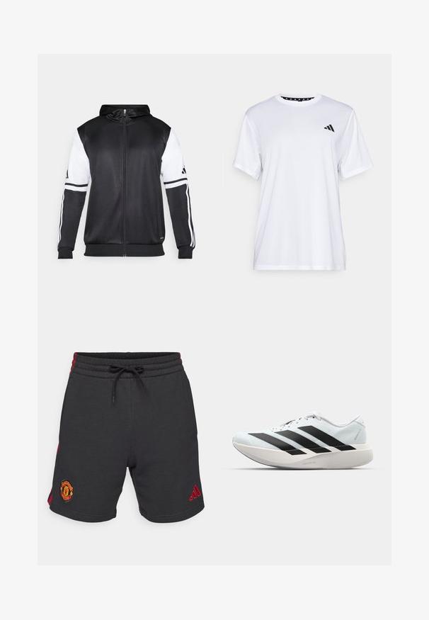 Sweatshirt preto com fecho, apresentando mangas brancas e três riscas brancas ao longo dos braços. Feito de um tecido suave e leve. Design do capuz incluído.; Camiseta atlética branca de mangas curtas, feita de tecido que absorve a humidade. Apresenta um logótipo preto no lado esquerdo do peito e um decote interior com padrão.; Calções de sweat preto com riscas laterais vermelhas. Inclui um cós elástico com cordão e o logótipo bordado do Manchester United na perna.; Tênis de corrida leves em azul pálido com riscas pretas. Apresentam um cabedal liso, bico redondo e uma entressola espessa branca rotulada como "LIGHTSTRIKE PRO."