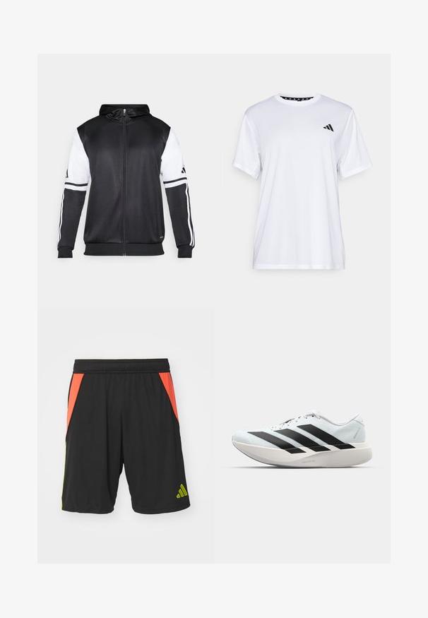 Mustapohjainen vetsaritakki, jossa on valkoiset hihnat ja kolme valkoista raitaa hihassa. Valmistettu sileästä, kevyestä kankaasta. Mukana hupparisuunnittelu.; Valkoinen urheilupaita lyhyillä hihoilla, valmistettu kosteutta siirtävästä kankaasta. Vasemmassa rinnassa on musta logo ja kauluksen sisäpuolella on kuvio.; Mustat polyesteriset urheilushortsit, joissa on oranssit ja limenvihreät sivupaneelit, elastinen vyötärö ja vihreä logo helman lähellä.; Kevyt juoksukengät vaaleansinisinä mustilla raidoilla. Ominaisuuksiin kuuluu sileä pinta, pyöreä kärki ja paksu valkoinen välipohja, joka on merkitty "LIGHTSTRIKE PRO".