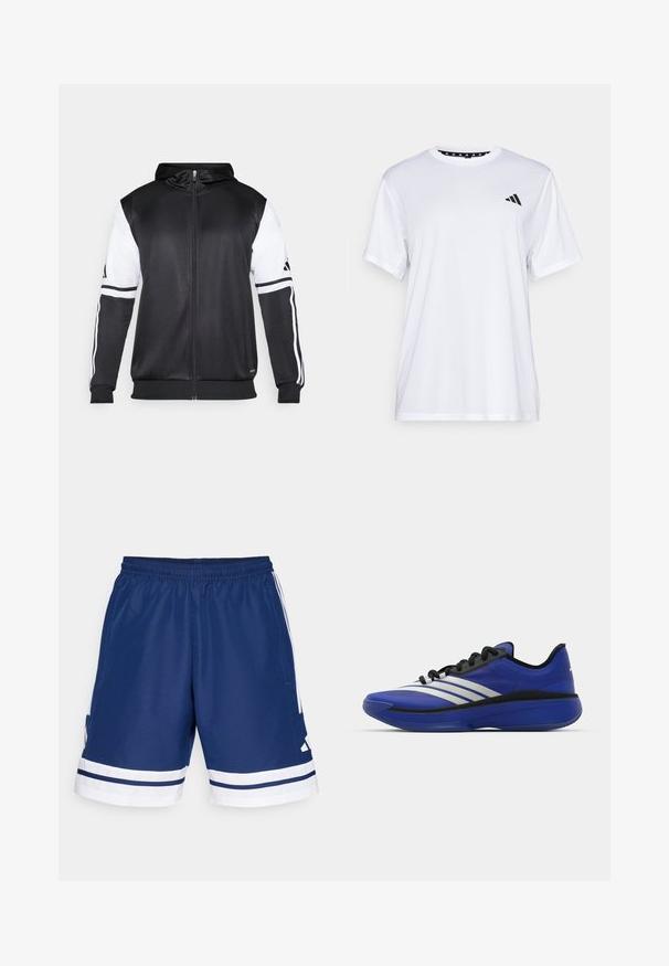 Mustapohjainen vetsaritakki, jossa on valkoiset hihnat ja kolme valkoista raitaa hihassa. Valmistettu sileästä, kevyestä kankaasta. Mukana hupparisuunnittelu.; Valkoinen urheilupaita lyhyillä hihoilla, valmistettu kosteutta siirtävästä kankaasta. Vasemmassa rinnassa on musta logo ja kauluksen sisäpuolella on kuvio.; Merin urheilu shortsit, joissa on joustava vyötärö, valkoiset yksityiskohdat ja sivutaskut. Vaatteessa on valkoiset raidat helman kohdalla. Polyesterimateriaalia.; adidas Performance ADIZERO SELECT 3.0 - Koripallokengät - lucid blue/core black/metallic