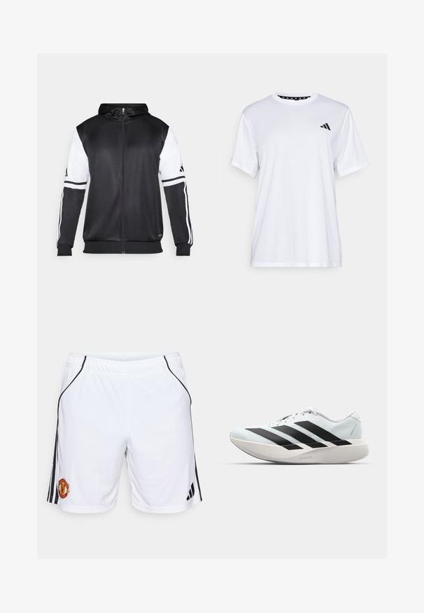 Juodas džinsinis užtrauktukas su baltais rankovėmis ir trimis baltais dryžiais ant rankų. Pagamintas iš lygaus, lengvo audinio. Džinsinio dizainas įtrauktas.; Balta sportinė marškinėliai trumpomis rankovėmis, pagaminti iš drėgmę šalinančios medžiagos. Kairėje krūtinės pusėje yra juodas logotipas, o apykaklės viduje yra raštuotas dizainas.; Balti sportiniai šortai iš lengvos medžiagos, su juodomis šoninėmis juostelėmis ir Mančesterio „United“ logotipu kairėje kojoje. Elastingas juosmuo.; Lengvi bėgimo batai šviesiai mėlynos spalvos su juodomis juostelėmis. Yra lygus viršus, apvalus pirštas ir storas baltas vidpadis su užrašu "LIGHTSTRIKE PRO."