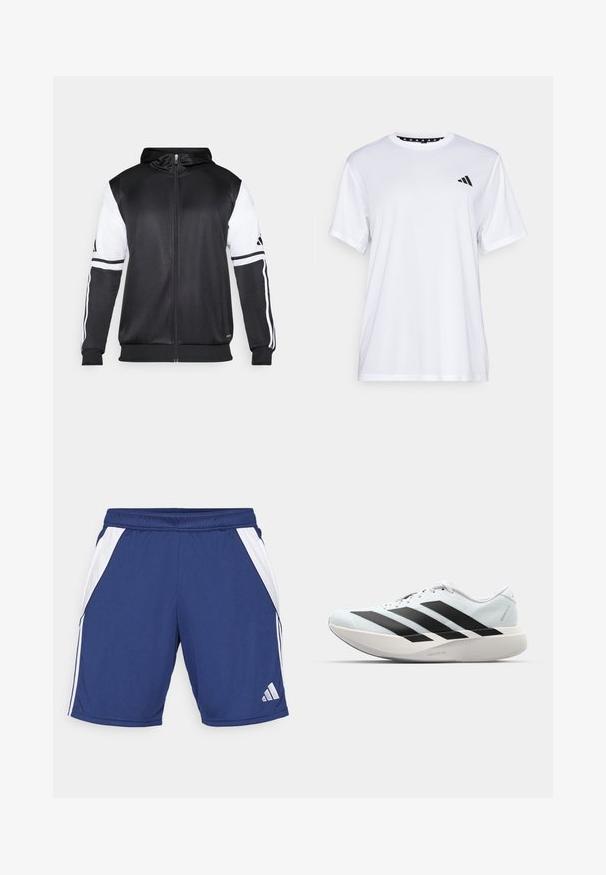 Czarna bluza z kapturem na zamek z białymi rękawami i trzema białymi paskami wzdłuż ramion. Wykonana z gładkiego, lekkiego materiału. Zawiera wzór bluzy z kapturem.; Biała koszulka sportowa z krótkim rękawem, wykonana z materiału odprowadzającego wilgoć. Posiada czarne logo na lewej piersi oraz wzorzystą podszewkę kołnierza.; Granatowe spodenki sportowe z białymi panelami bocznymi, elastycznym pasem i detalem z logo na dolnym brzegu. Wykonane z lekkiego, oddychającego materiału.; Lekkie buty do biegania w jasnoniebieskim kolorze z czarnymi pasami. Posiadają gładką cholewkę, okrągły nosek oraz grubą białą podeszwę środkową oznaczoną "LIGHTSTRIKE PRO."