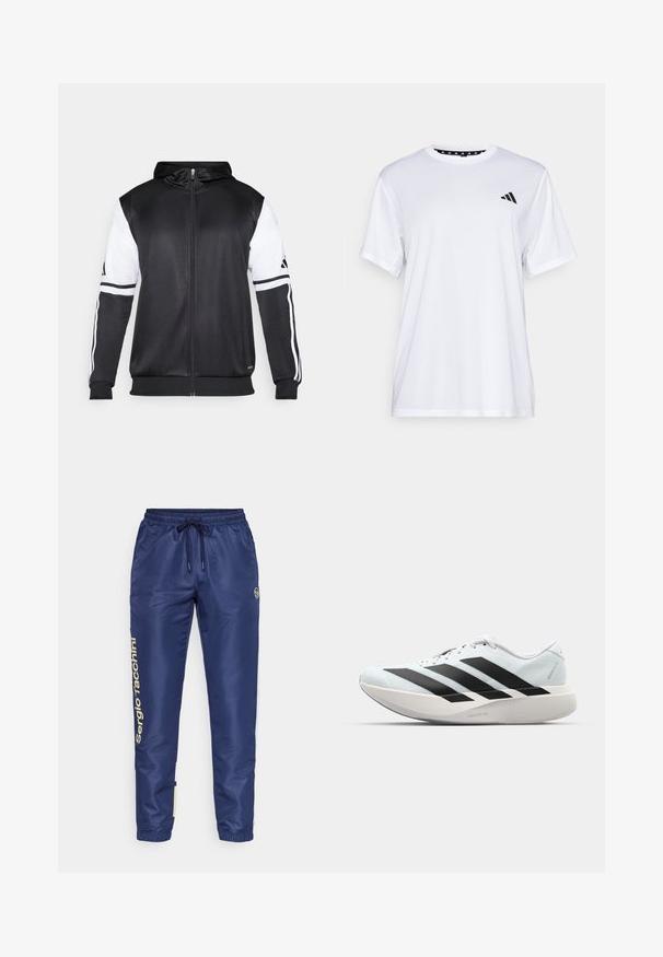 Sort zip-up hættetrøje med hvide ærmer og tre hvide striber langs armene. Lavet af et glat, letvægtsstof. Designet til hættetrøjen er inkluderet.; Hvid sports t-shirt med korte ærmer, lavet af fugttransporterende stof. Har et sort logo på venstre bryst og en mønstret indvendig halsudskæring.; Mørkeblå træningsbukser med snoretræk i taljen, elastiske manchetter og guldbranding langs venstre side. Lavet af glat, let materiale.; Letvægtige løbesko i lys blå med sorte striber. Har en glat overdel, rund tå og tyk hvid mellemsål mærket "LIGHTSTRIKE PRO."