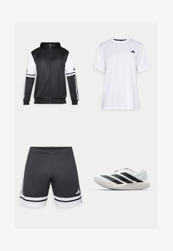 Fekete zipzáras kapucnis pulóver, fehér ujjakkal és három fehér csíkkal a karokon. Simább, könnyű anyagból készült. A kapucnis pulóver dizájnja is benne van.; Fehér sportpóló rövid ujjal, nedvességelvezető anyagból készült. A bal mellrészen fekete logó található, és a nyak belső része mintás.; Fekete sportnadrág sima anyagból. Fehér csíkokkal a szegélyen és az oldalakon. Rugalmas derékpánt a kényelem érdekében. Logó az alsó részen.; Világoskék, fekete csíkos könnyű futószerek. Simább felső résszel, kerek orral és vastag fehér középtalppal, amelyen a "LIGHTSTRIKE PRO" felirat olvasható.