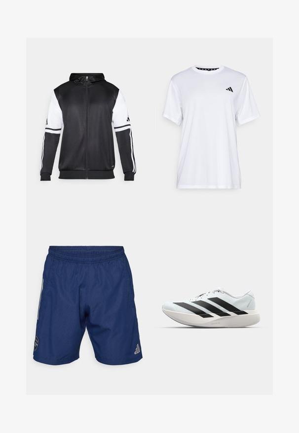 Čierna mikina s kapucňou na zips s bielymi rukávmi a tromi bielymi pruhmi pozdĺž rúk. Vyrobená z hladkej, ľahkej tkaniny. Design mikiny je zahrnutý.; Biely športový tričko s krátkymi rukávmi, vyrobené z materiálu, ktorý odvádza vlhkosť. Má čierne logo na ľavej hrudi a vzorovaný vnútorný golier.; Námornícke modré športové šortky vyrobené z ľahkého materiálu, s elastickým pásom, bočnými vreckami a logom Adidas v pravom dolnom rohu.; Ľahké bežecké topánky v svetlomodrej farbe s čiernymi pruhmi. Majú hladký zvršok, okrúle špičky a hrubú bielu medzipodrážku označenú "LIGHTSTRIKE PRO."