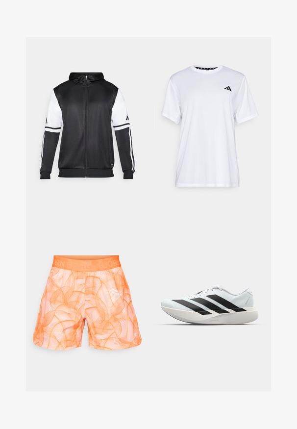 Sudadera con cremallera negra con mangas blancas y tres franjas blancas a lo largo de los brazos. Fabricada con un tejido suave y ligero. Diseño de sudadera incluido.; Camiseta atlética blanca de manga corta, hecha de una tela que absorbe la humedad. Presenta un logo negro en el lado izquierdo del pecho y un cuello interior con un diseño estampado.; Los pantalones cortos de color naranja presentan una suave cinturilla grabada con "BJÖRN". El diseño incluye líneas onduladas superpuestas en diferentes tonalidades.; Zapatillas de running ligeras en azul pálido con rayas negras. Presentan una parte superior suave, puntera redonda y una gruesa mediasuela blanca etiquetada como "LIGHTSTRIKE PRO".
