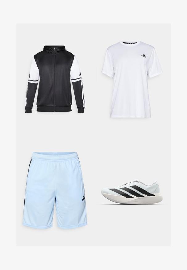 Črna zip-up kapuca z belimi rokavi in tremi belimi črtami ob rokavih. Narejena iz gladkega, lahkega materiala. Oblikovanje kapuce vključeno.; Bela športna majica s kratkimi rokavi, izdelana iz tkanine, ki odvaja vlago. Ima črn logotip na levem prsnem delu in vzorčasto notranjo vratno odprtino.; adidas Performance Športne kratke hlače - glow blue/black; Lahki tekaški čevlji v svetlo modri barvi z belimi črtami. Imajo gladek zgornji del, okroglo kapico in debel bel srednji podplat z označbo "LIGHTSTRIKE PRO."