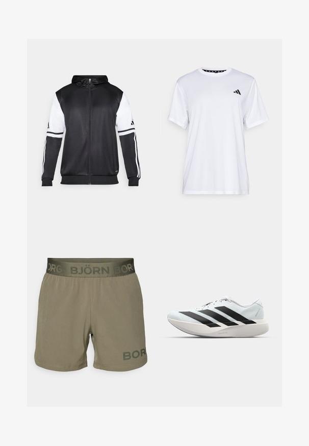 Crna dukserica s patentnim zatvaračem koja ima bijele rukave i tri bijele pruge duž ruku. Napravljena od glatkog, laganog materijala. Uključeni dizajn kapuljače.; Bijela atletska majica kratkih rukava, napravljena od tkanine koja upija vlagu. Ima crni logo na lijevoj strani prsiju i uzorčeni unutarnji obrub dekoltea.; Muške kratke hlače od maslinastozelenog materijala s elastičnom stražnjom trakom koja sadrži logo "BJÖRN BOR". Glatka tekstura, kroj do sredine bedara, sa šivenim detaljima na rubu.; Lagane tenisice za trčanje u svijetloplavoj boji s crnim trakama. Imaju glatku gornju površinu, okrugli vrh i debeli bijeli srednji sloj označen "LIGHTSTRIKE PRO."