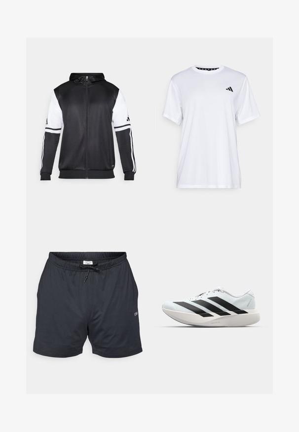 Juodas džinsinis užtrauktukas su baltais rankovėmis ir trimis baltais dryžiais ant rankų. Pagamintas iš lygaus, lengvo audinio. Džinsinio dizainas įtrauktas.; Balta sportinė marškinėliai trumpomis rankovėmis, pagaminti iš drėgmę šalinančios medžiagos. Kairėje krūtinės pusėje yra juodas logotipas, o apykaklės viduje yra raštuotas dizainas.; Juodi sportiniai šortai, pagaminti iš lengvos ir kvėpuojančios medžiagos. Juos pristato elastinė juosmens juosta su raišteliu, šoninės kišenės ir tekstūruotas raštas.; Lengvi bėgimo batai šviesiai mėlynos spalvos su juodomis juostelėmis. Yra lygus viršus, apvalus pirštas ir storas baltas vidpadis su užrašu "LIGHTSTRIKE PRO."