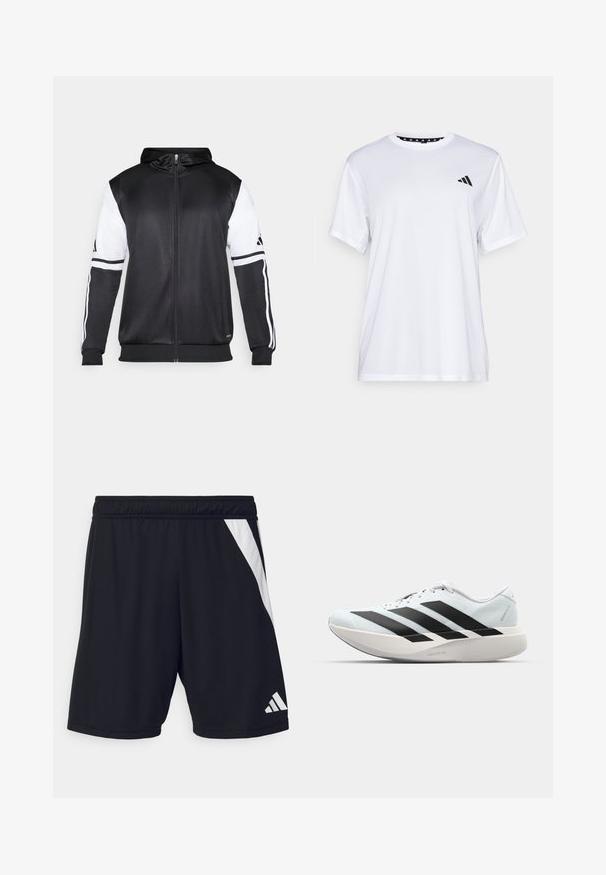 Juodas džinsinis užtrauktukas su baltais rankovėmis ir trimis baltais dryžiais ant rankų. Pagamintas iš lygaus, lengvo audinio. Džinsinio dizainas įtrauktas.; Balta sportinė marškinėliai trumpomis rankovėmis, pagaminti iš drėgmę šalinančios medžiagos. Kairėje krūtinės pusėje yra juodas logotipas, o apykaklės viduje yra raštuotas dizainas.; Juodi sportiniai šortai su elastine juosta, su įstrižine balta juosta kairiajame šone ir baltu logotipo akcentu apatiniame dešiniajame kampe.; Lengvi bėgimo batai šviesiai mėlynos spalvos su juodomis juostelėmis. Yra lygus viršus, apvalus pirštas ir storas baltas vidpadis su užrašu "LIGHTSTRIKE PRO."