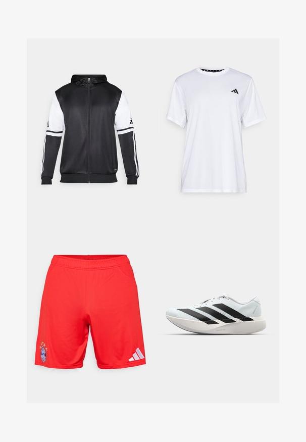 Černá mikina na zip s bílými rukávy a třemi bílými pruhy podél ramen. Vyrobena z hladkého, lehkého materiálu. Design mikiny je zahrnut.; Bílý sportovní tričko s krátkými rukávy, vyrobené z materiálu odvádějícího vlhkost. Na levé straně hrudi se nachází černé logo a vnitřní límec je vzorovaný.; Červené sportovní kraťasy vyrobené z hladké látky, s vyšitým logem a pěti hvězdičkami nad ním, a bílými pruhy Adidas po straně.; Lehké běžecké boty v světle modré barvě s černými pruhy. Mají hladký svršek, kulatou špičku a silnou bílou mezipodešev označenou "LIGHTSTRIKE PRO."